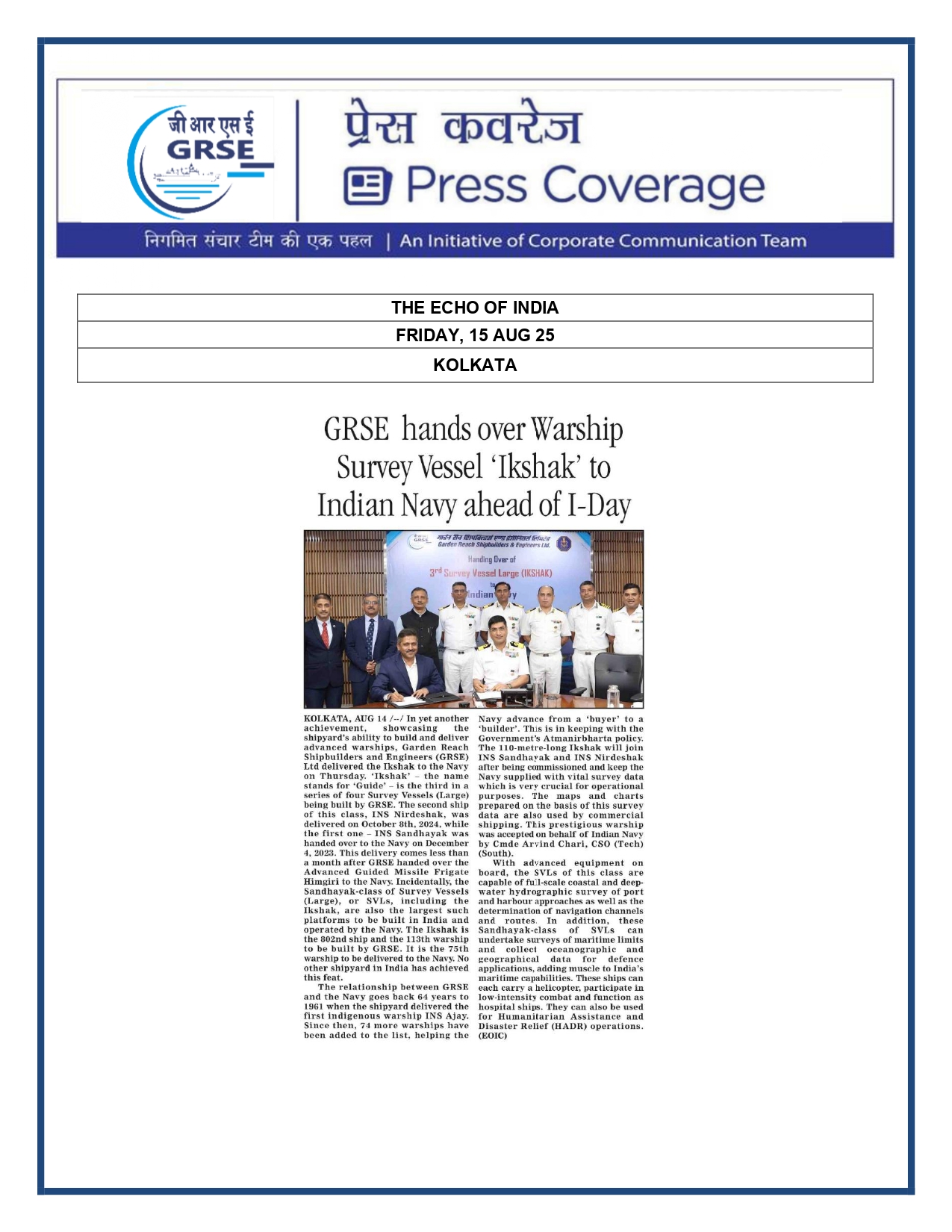 Press Coverage : 15 Aug 25:GRSE delivers survey vessel Ikshak to Navy